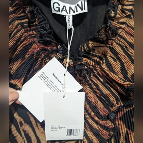 NWT Ganni | Pleated Georgette Blouse In Tiger's Eye - Picture 5 of 16